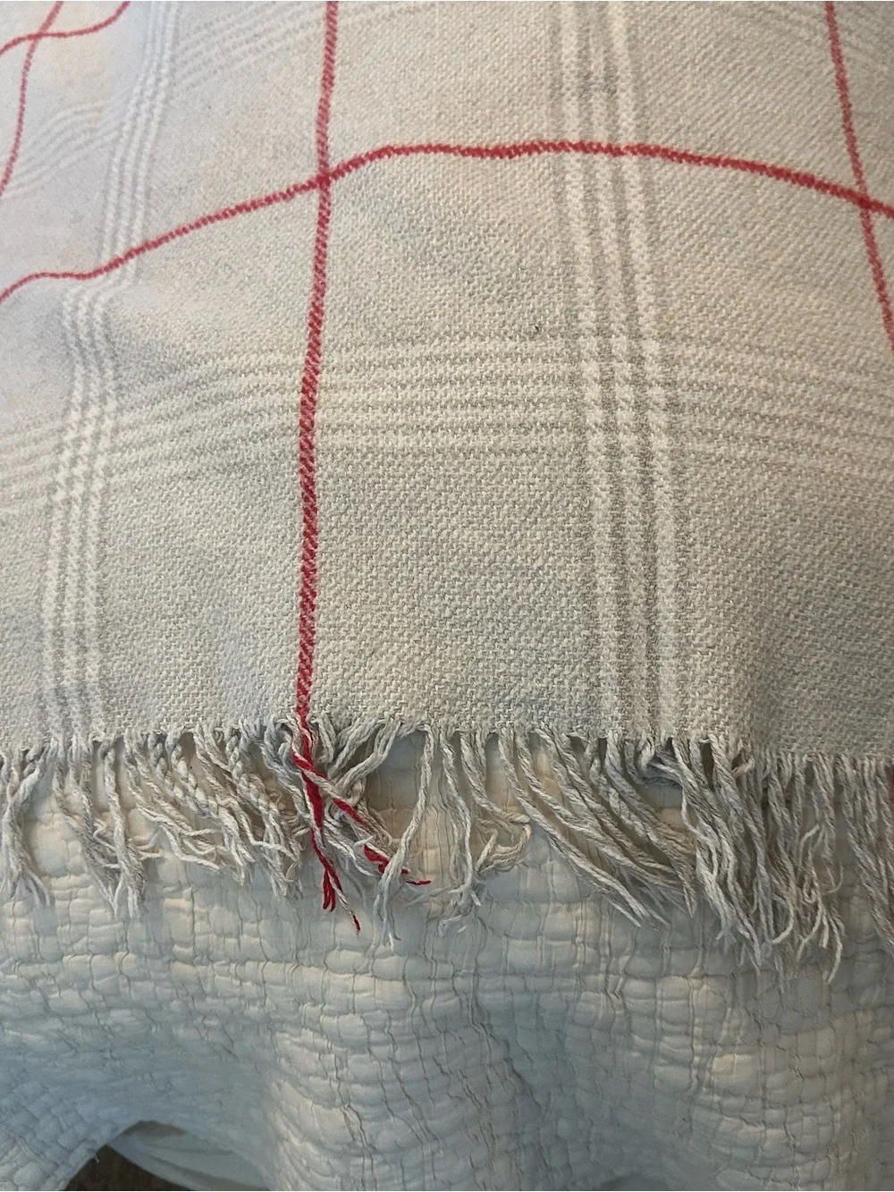 Made in Portugal Cotton Blend Light Gray Plaid Fringe Throw
